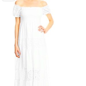 Womens Off Shoulder Boho Lace Semi Sheer Smocked Maxi Long Dress